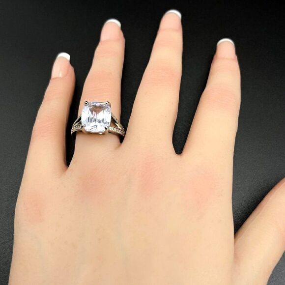 .925 Sterling Silver with White Diamond Cubic Zirconia Radiant Cut Ring Size 6 - Picture 8 of 9